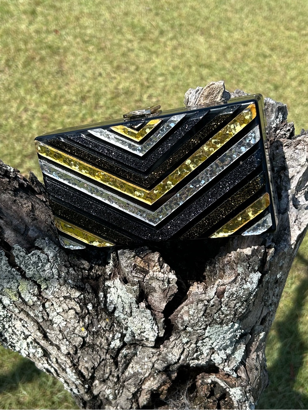 Sondra Roberts Chevron Box Clutch – Black, Gold Glitter & Pearlescent